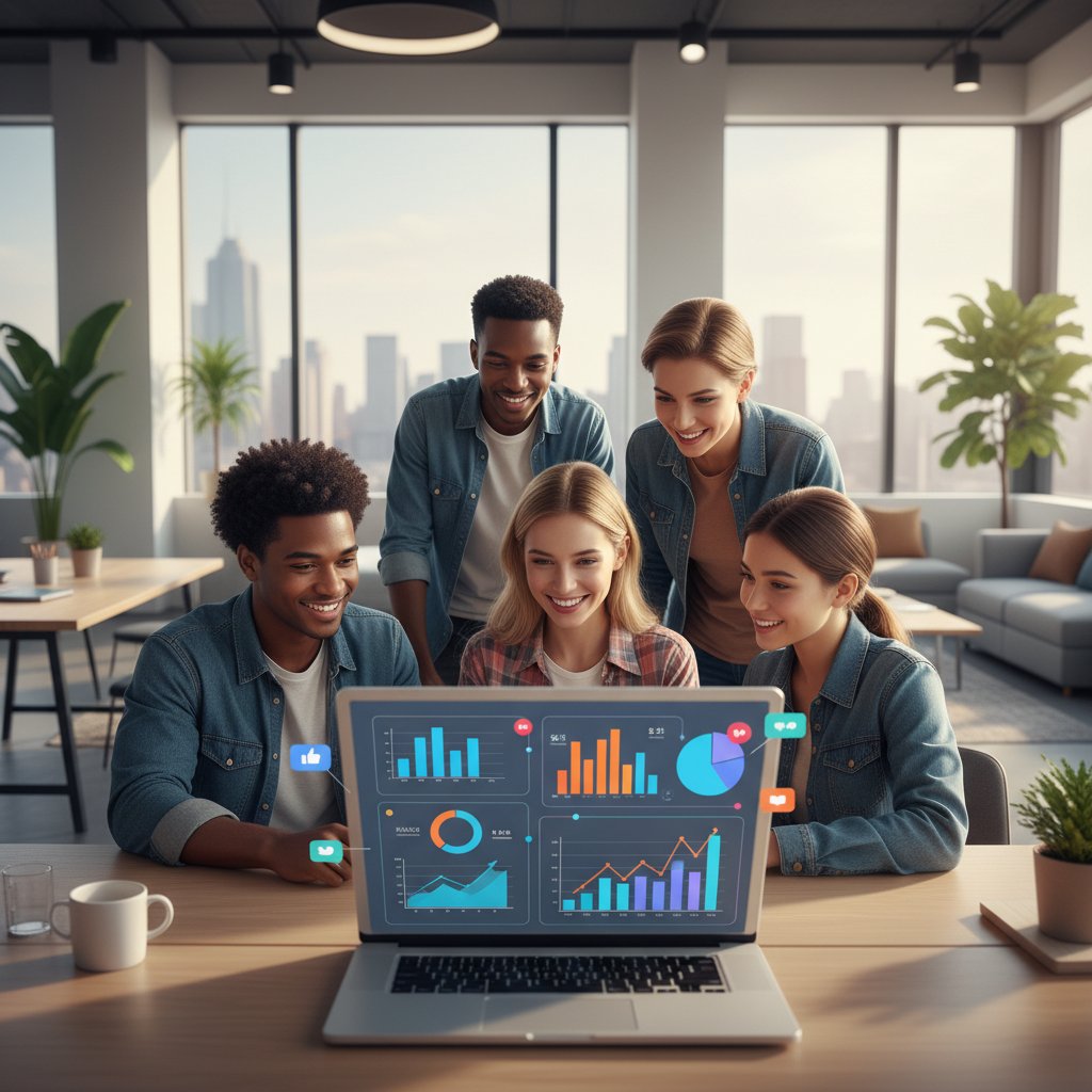 Digital marketing student learning online with laptop and marketing analytics dashboard